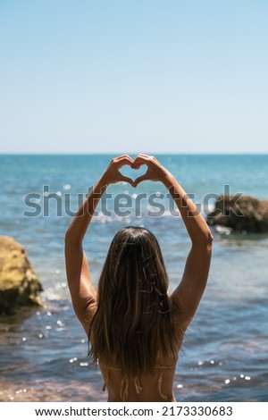 Similar – Image, Stock Photo Unrecognizable traveler between rough mountain and foamy sea