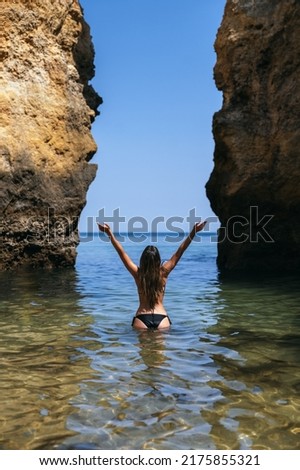 Similar – Image, Stock Photo Unrecognizable traveler between rough mountain and foamy sea