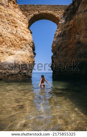 Similar – Image, Stock Photo Unrecognizable traveler between rough mountain and foamy sea