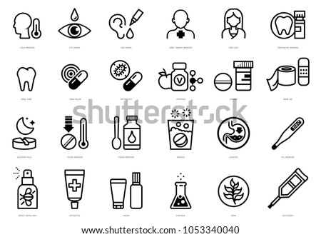 Various types of drugs sold in general drugstores Icons set. Element of Pharmacy ideal concept.