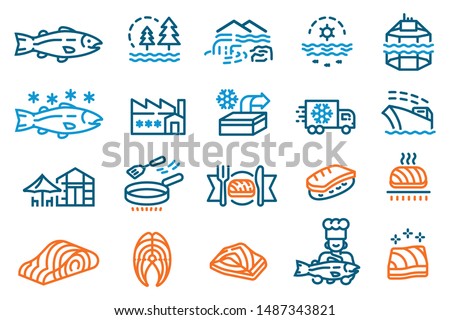 The industry produces salmon for sale to supermarket and restaurants. Icon for a seafood product features and production process.