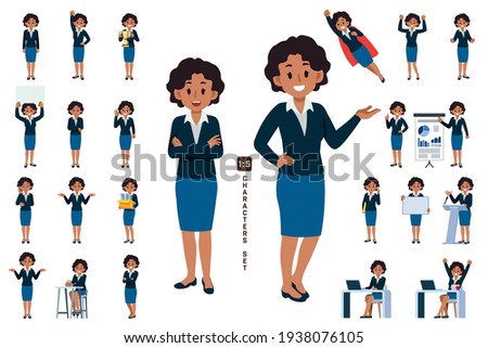 African business woman character set 6 in five head to body ratio scale. Working and general situation pose of staff.