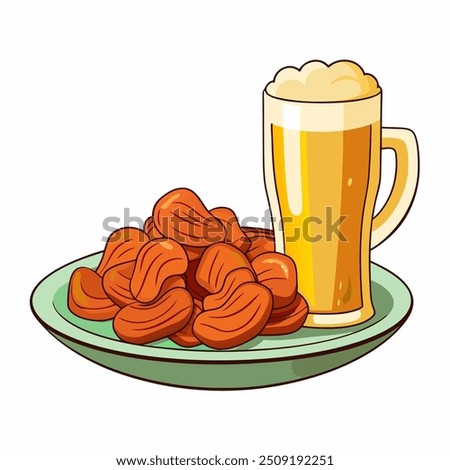 a mug of beer and a plate of snacks