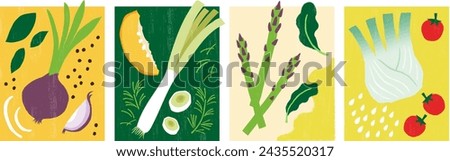 Hand-drawn illustration of delicious 
 earthy vegetables: onions, black pepper, basil, pumpkin, leek, asparagus, rocket, fennel, cherry tomatoes.