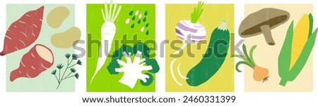 Hand-made vegetable illustration set. Sweet potato, yam, root vegetables, portobello muchroom.