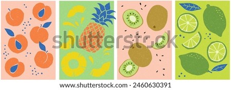 Set of cute, hand-made fruit posters. Peach, pineapple. kiwi, lime. 