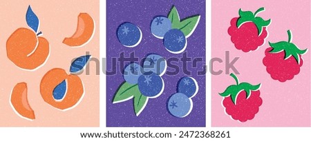 Cute, Hand-drawn fruit with a vintage print effect. Apricots, blueberry, raspberry.