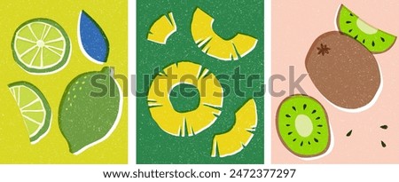 Fruit Hand Made, retro style fruit illustration with retro print effect. Lime, Pineapple, Kiwi.