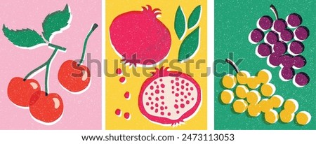 Super Cute hand-made fruit illustration, art print effect, vintage.