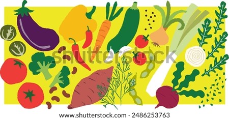 Collection of hand-drawn vector vegetables: aubergines, tomatoes, bell peppers, zucchini, onions, sweet potato, rocket, and leek