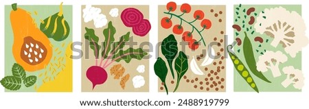 Vegetable illustration pack: hand-drawn, cute vector vegetarian food. Squash with bulgur, parsnip, feta cheese and walnuts, lentils with spinach and vine tomatioe, green beans, cauliflower and red kid