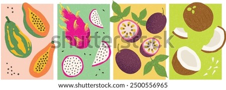 Tropical fruits: set of hand-drawn tropical fruit illustrations: papaya, dragon fruit, passion fruit and coconut.