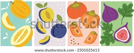 Collection of hand-drawn summer fruit illustrations: yellow melon, plums, persimmons and figs.