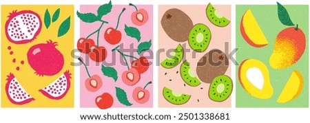 Collection of hand-drawn summer and spring fruit illustrations: pomegranate, cherries, kiwi, mangoes.