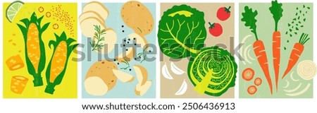 Vegetables illustration set: Corn with chili and lime, potatoes rosemary and black pepper, cabbage with garlic and cherry tomatoes, carrots with onions and parsley