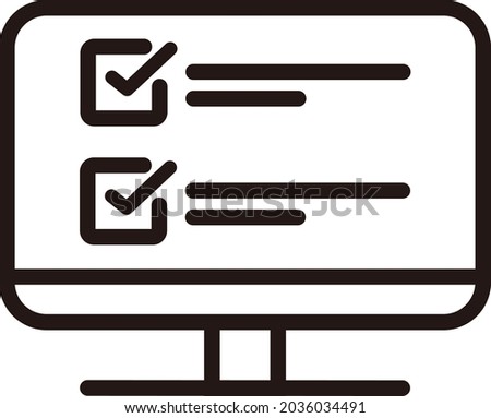 Online survey check list form on computer. Editable thin line vector icon of the computer monitor with abstract website application screen with a linear quiz checklist.