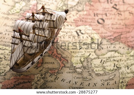 A beautiful sailing ship on an old map