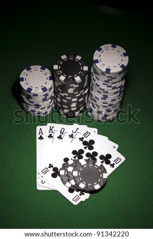 Poker cards and gambling chips on green background