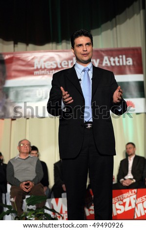 KAPOSVAR, HUNGARY - MARCH 24: Attila Mesterhazy, Hungarian Socialist Party\'s prime ministerial candidate speaks at the Kaposvar campaign program March 24, 2010 in Kaposvar, Hungary.