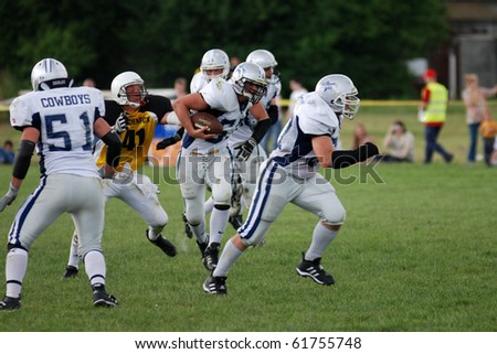 KAPOSVAR, HUNGARY - MAY 20: Budapest Cowboys players in action an American football game Goldenfox vs. Budapest Cowboys, May 20, 2007 in Kaposvar, Hungary.