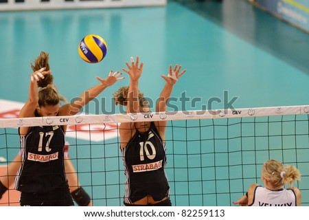 DEBRECEN, HUNGARY - JULY 9: Anita Filipovics (in black 17) in action a CEV European League woman's volleyball game Hungary (black) vs Israel (white) on July 9, 2011 in Debrecen, Hungary.