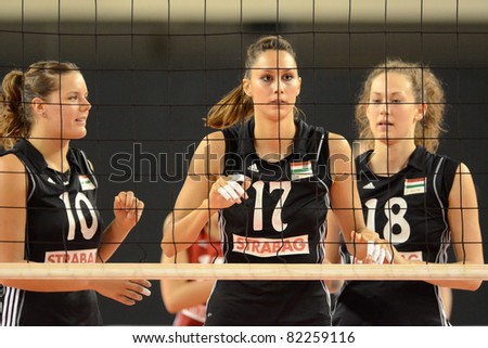 DEBRECEN, HUNGARY - JULY 9: Anita Filipovics (in black 17) in action a CEV European League woman\'s volleyball game Hungary (black) vs Israel (white) on July 9, 2011 in Debrecen, Hungary.