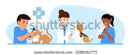 Vector illustration of vet checkup of a beagle dog, orange cat, and cockatoo bird on the veterinarian clinic table. Flat graphic set isolated on white background.