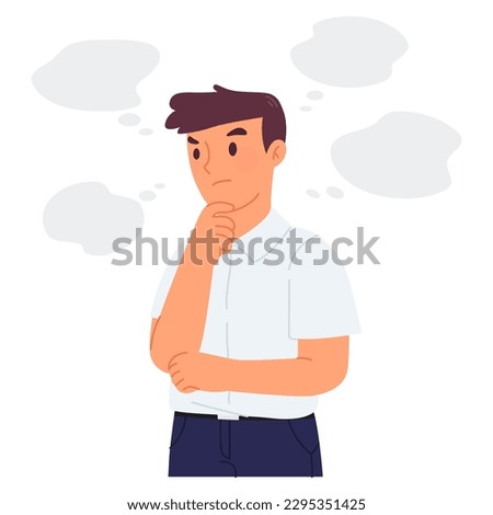 Young thoughtful man thinks hard with bubble speech of thoughts floating around. Curious gesture with a hand under the chin. Flat vector. Illustration isolated on white background.