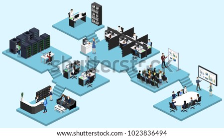 Isometric vector illustration flat 3d office interior departments concept vector.