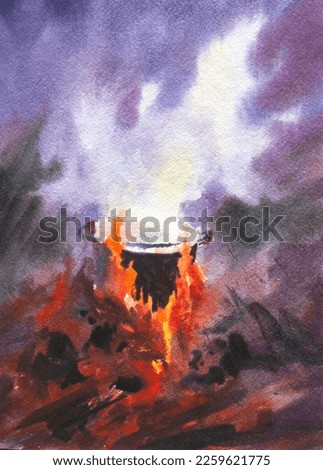Watercolor painting with a boiling cauldron on fire. Can be used to print postcards, accessories for tourism, posters.