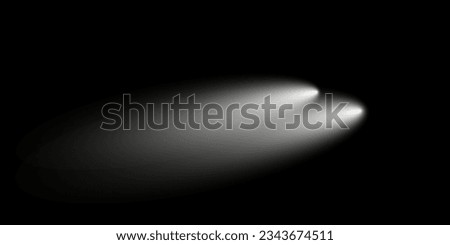 White transparent car head light top view on dark background. Vector shine beam on night road. Glow effect of LED auto spotlight. Bright vehicle headlight in nighttime template