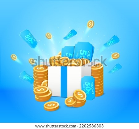 Gift box full of gift cards and coupons, voucher, gold coin illustration. gift box and coupons pouring out illustration set. Coupons, vouchers and gold coin, money are flying concept