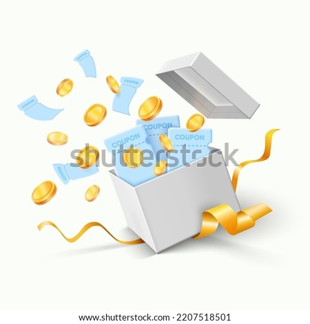 Gift box, coupons, gold coins pouring out. Gift box is opening. Many vouchers, coupons are flying. Many gold coins are flying. Gift box full of gold coins an dcoupons illustration concept.
