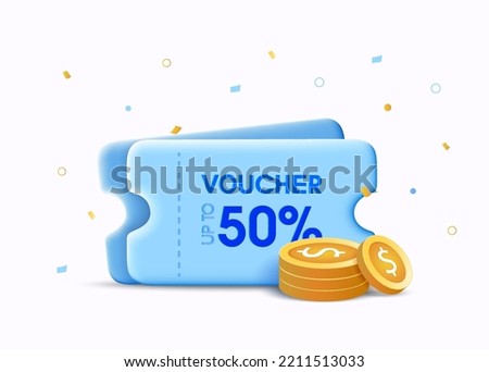 3d voucher, coupons with 50 percentage sign with floating coins. gold coins, confetti. Online shopping discount, sale client voucher design. Gifts with coupons and coins. Vector illustration