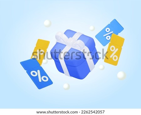 yellow coupons, blue coupons and fly blue gifts. For promotion, marketing and advertising in social networks. Use for marketing, sales, online store. 3d vector illustration