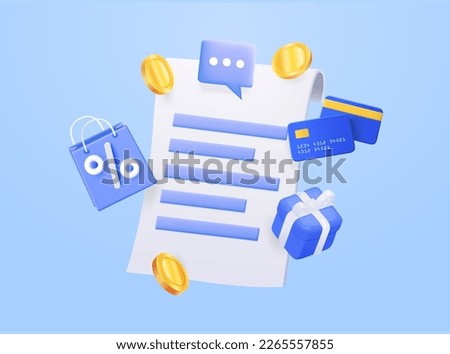 Bill payment receipt with credit card and money coin, bag, cart, gift box, message. Shopping and payment transaction. Online payment concept. 3d vector illustration
