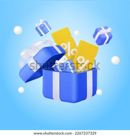 Opening gift box surprise, discount coupon, voucher, gift in open gift box.  Earn point concept, loyalty program and get rewards, online shopping. For promotions and favorable discounts. 3d vector