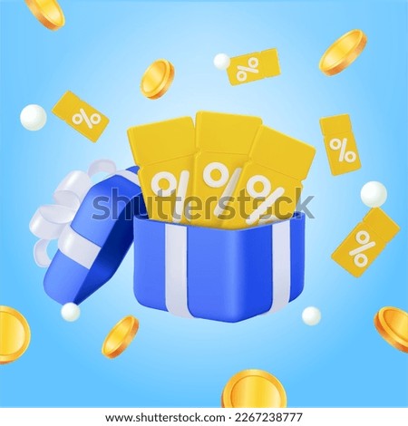 3d opening gift box surprise with discount coupon, earn point concept, loyalty program and get rewards. online shopping bonus, floating coins, flying coins, flying coupon, voucher. vector illustration
