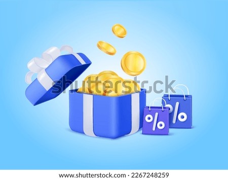 3d open gift box surprise with gold coins, flying coins, coins falling, cart, shopping online, shopping bag. loyalty program and get rewards, Money prize reward. 3d vector illustration