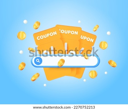 3d illustration coupons, vouchers with search bar and flying coins. Use for marketing, sales, online store. Online sales and marketing concept. 