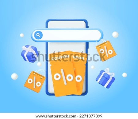 Smartphone with sale coupons, voucher. Search bar, gift boxes and shop bags, shop carts. Online sales and marketing concept. Sale coupons and gift boxes composition. 3d vector illustration