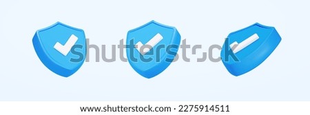 3d Icon safety shield check mark perspective set. Blue symbol security safety icon. Checkmark in minimalistic style. 3d vector illustration.