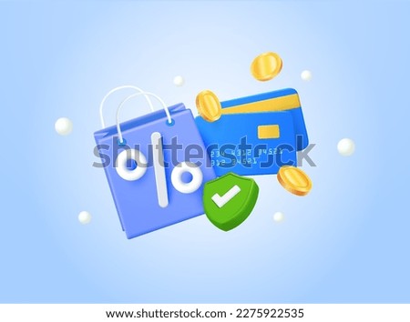 A grocery bag with a credit card and a shield as a sign of payment security. Paper bag, card banking, checkmark with falling coins. Secure online purchase. 3d vector illustration.