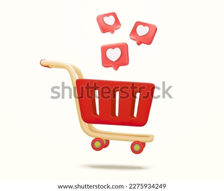 3d heart message icon and basket. Shopping cart with shopping icons on blue background. Concept idea for social networks. shopping basket full of hearts. 3d vector illustration