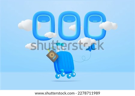 3d airplane window scene surrounded by cloud for showing or presentation, airplane window on blue background. Paper airplane with blue suitcase, valise tourism and travel plan to trip. 3d vector