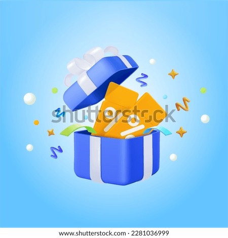3d vector discount coupon, voucher vector event ticket icon badge, gift box with confetti special voucher concept. Holiday sale, lucky win surprise, benefit reward program offer, online shopping bonus