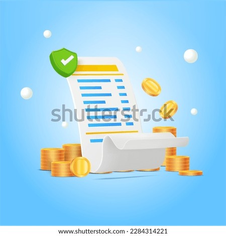 Agree bill, receipt online payments and stack coins floating, checkmark on blue background. pay money, shopping cashback, refund exchange transfer concept. E - bill. 3d vector illustration