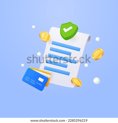 Receipt for payment of utilities with coins floating, online purchases and banking services. A paper transaction invoice that pays the bills. Payment system security concept. 3d vector illustration