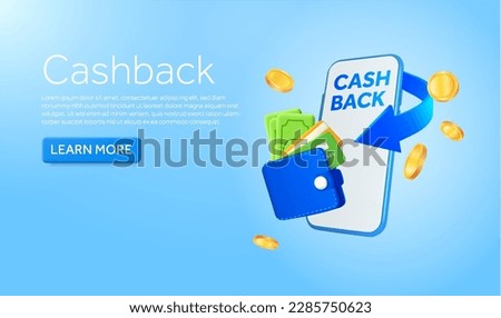 Card banks, money and wallet with cashback mobile phone. Cashback money in a bank account. Protection for online payment. Coins falling, coins floating. Cashback banner concept. 3d vector illustration