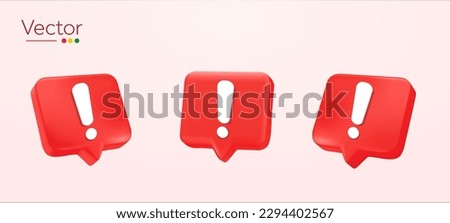 3d red danger attention bell, error marks, emergency notifications, alert on rescue warning icons isolated on background. Design concept for security urgency concept. 3d security vector illustration